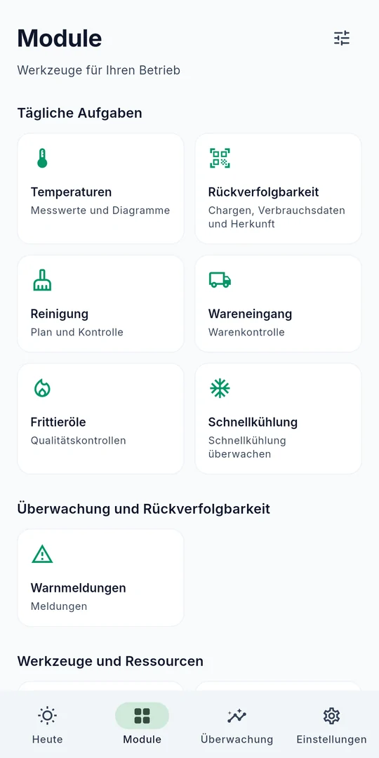 Sanito-Ansicht mit Temperaturen, Rückverfolgbarkeit, Reinigung, Lieferungen, Frittieröl und Schnellkühlung
