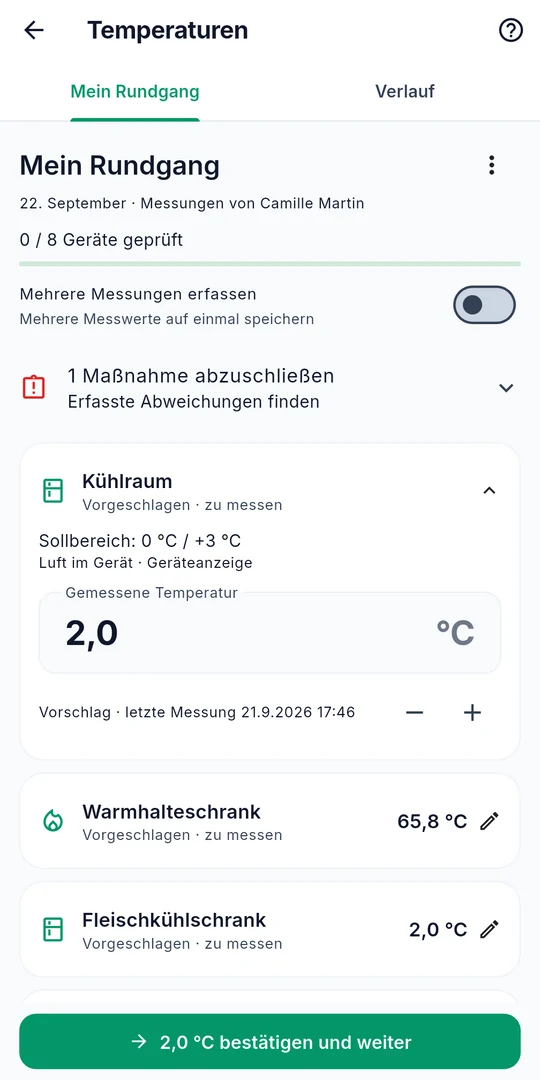 Sanito-Temperaturprotokoll mit Geräten und ihren vorgesehenen Temperaturbereichen
