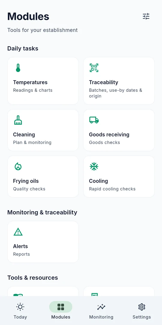 Sanito screen showing temperatures, traceability, cleaning, deliveries, frying oil and cooling