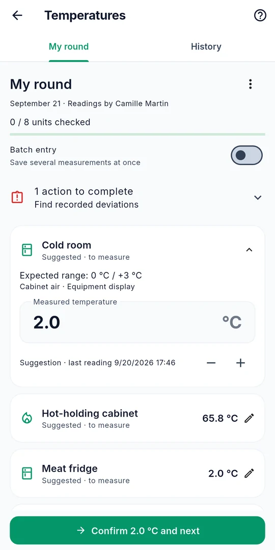 Sanito temperature log screen showing equipment and its expected temperature range