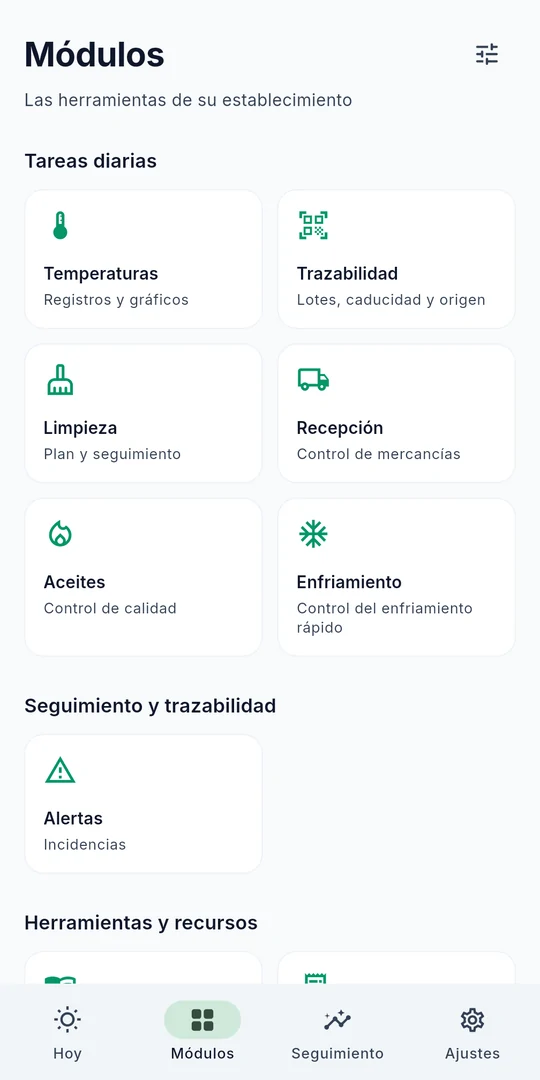 Pantalla de Sanito: temperaturas, trazabilidad, limpieza, recepción de mercancías, aceites y enfriamiento