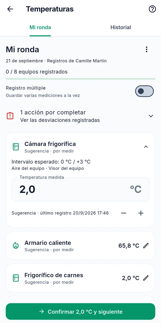 Pantalla de registros de temperatura de Sanito, con los equipos y sus rangos de temperatura previstos