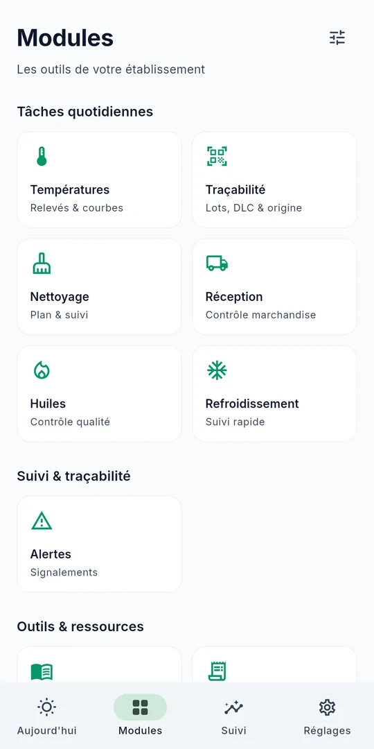 Écran Sanito : températures, traçabilité, nettoyage, réception, huiles et refroidissement