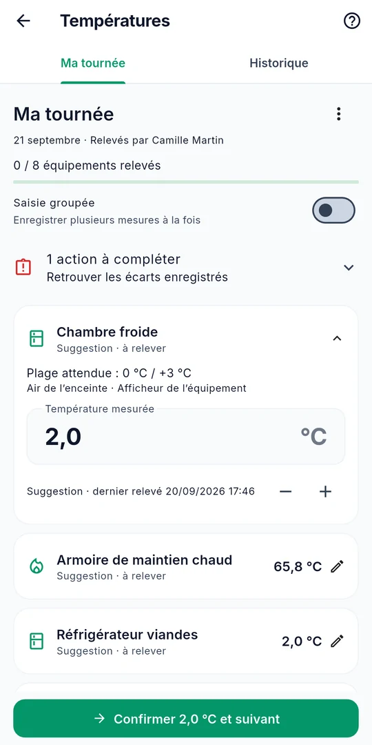 Écran des relevés de température Sanito, avec les équipements et leur plage attendue