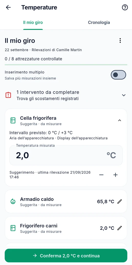 Schermata Sanito per la registrazione delle temperature, con attrezzature e relativi intervalli di temperatura previsti