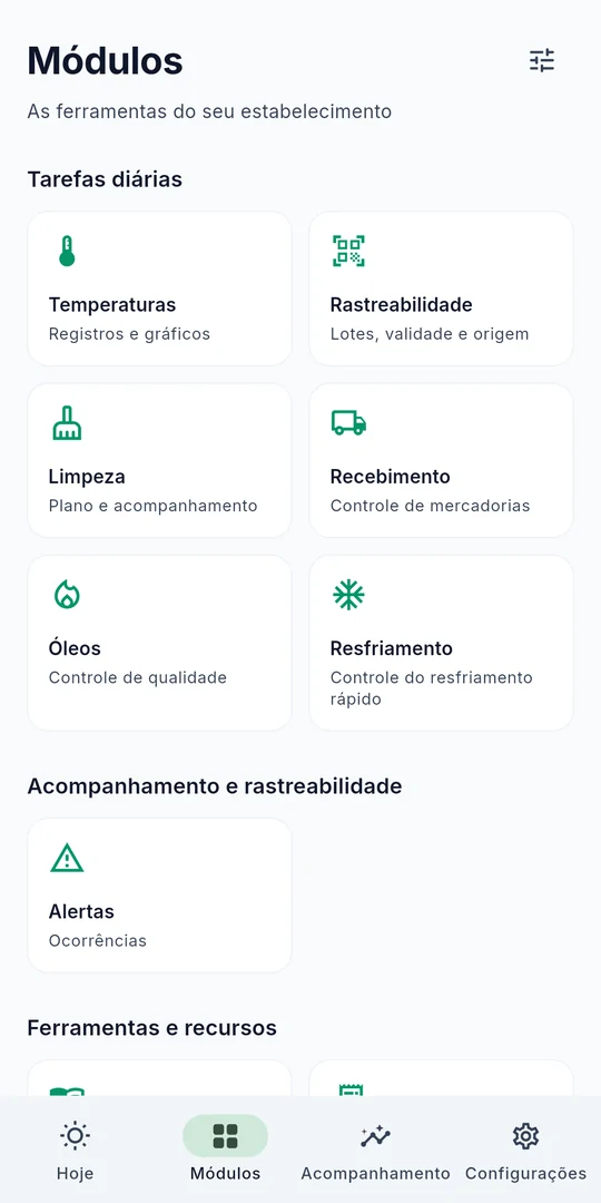 Tela da Sanito: temperaturas, rastreabilidade, limpeza, recebimento de mercadorias, óleos e resfriamento