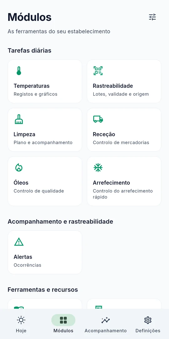 Ecrã da Sanito: temperaturas, rastreabilidade, limpeza, receção de mercadorias, óleos e arrefecimento