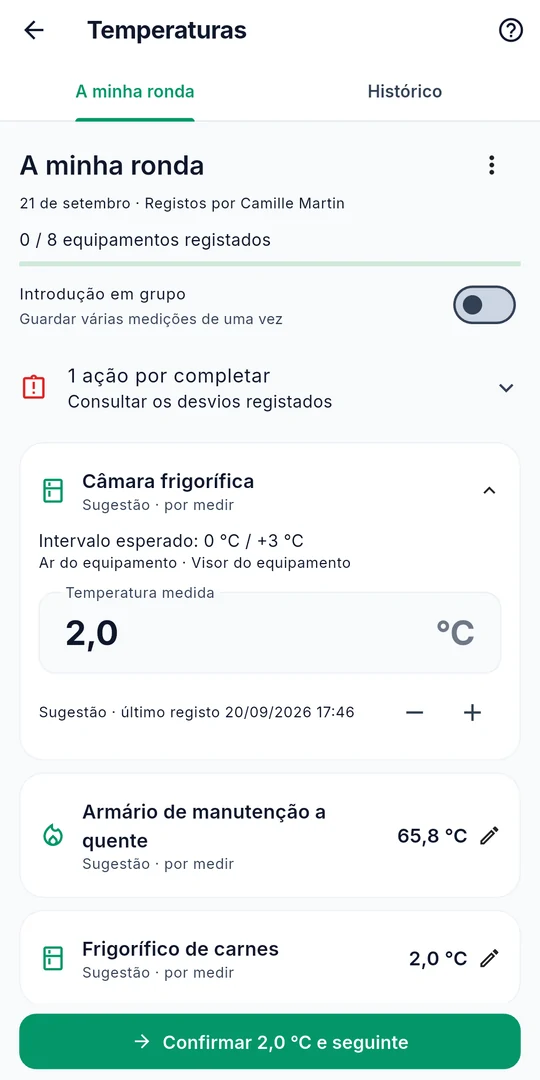 Ecrã de registo de temperaturas da Sanito, com os equipamentos e o intervalo de temperatura esperado para cada um